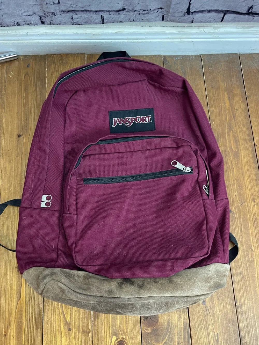 Jansport right pack back pack dark red with tan suede bottom
